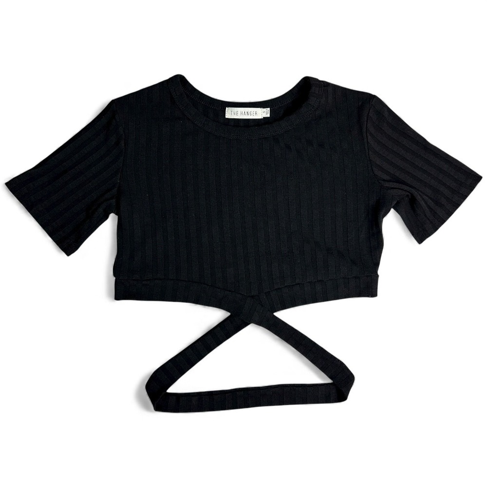 The Hanger Black Ribbed Wrap Crop Top Short Sleeve Women's Small
